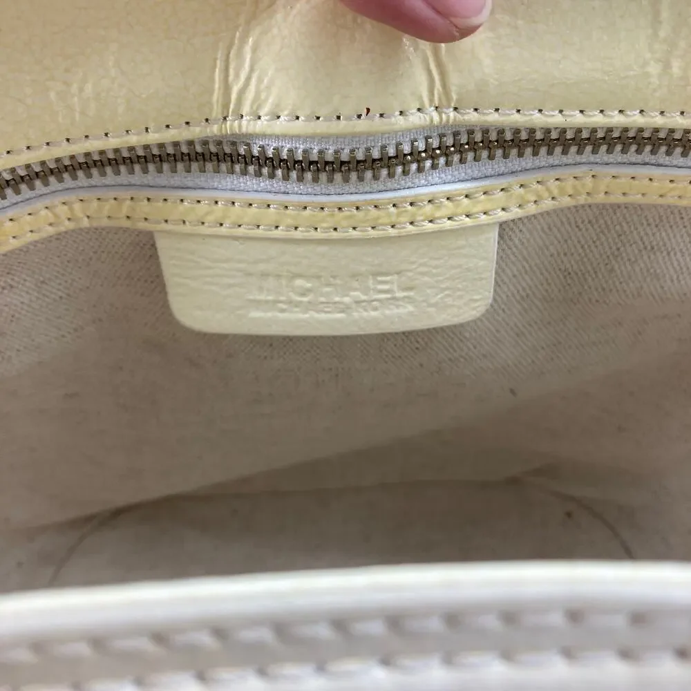 Michael Kors, brown basket weave, patten leather trim